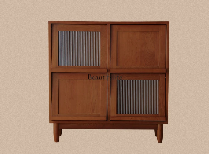 Nordic Retro Solid Wood Bookcase Living Room Display Floor Standing Storage Cabinet