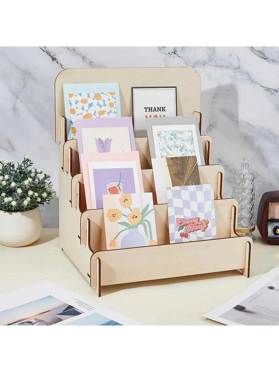 4-Tier Wooden Greeting Card Display Stand 1PC Sticker Display Stand Vendors Postcard Organizer Retail Racks Multipurpose card display stand