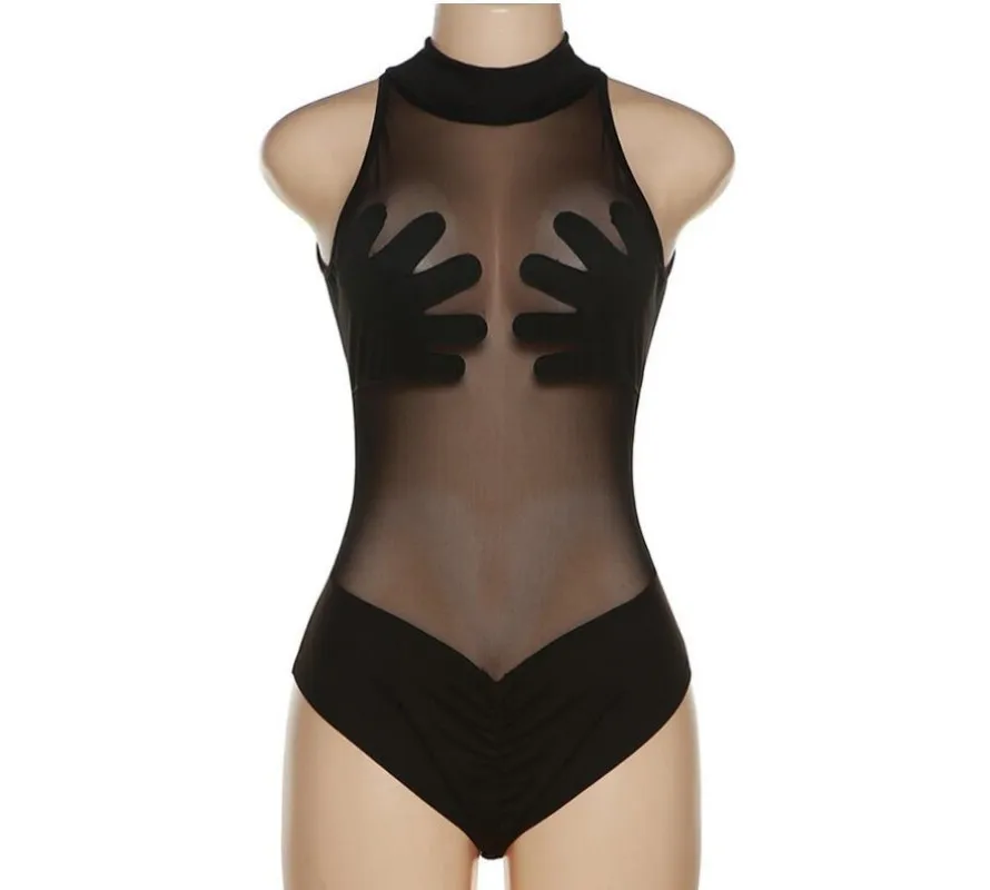 Woman Clothing Corset Top Summer Round Neck Sleeveless Perspective Mesh Splicing Women One-Piece Dress Sexy Blouses