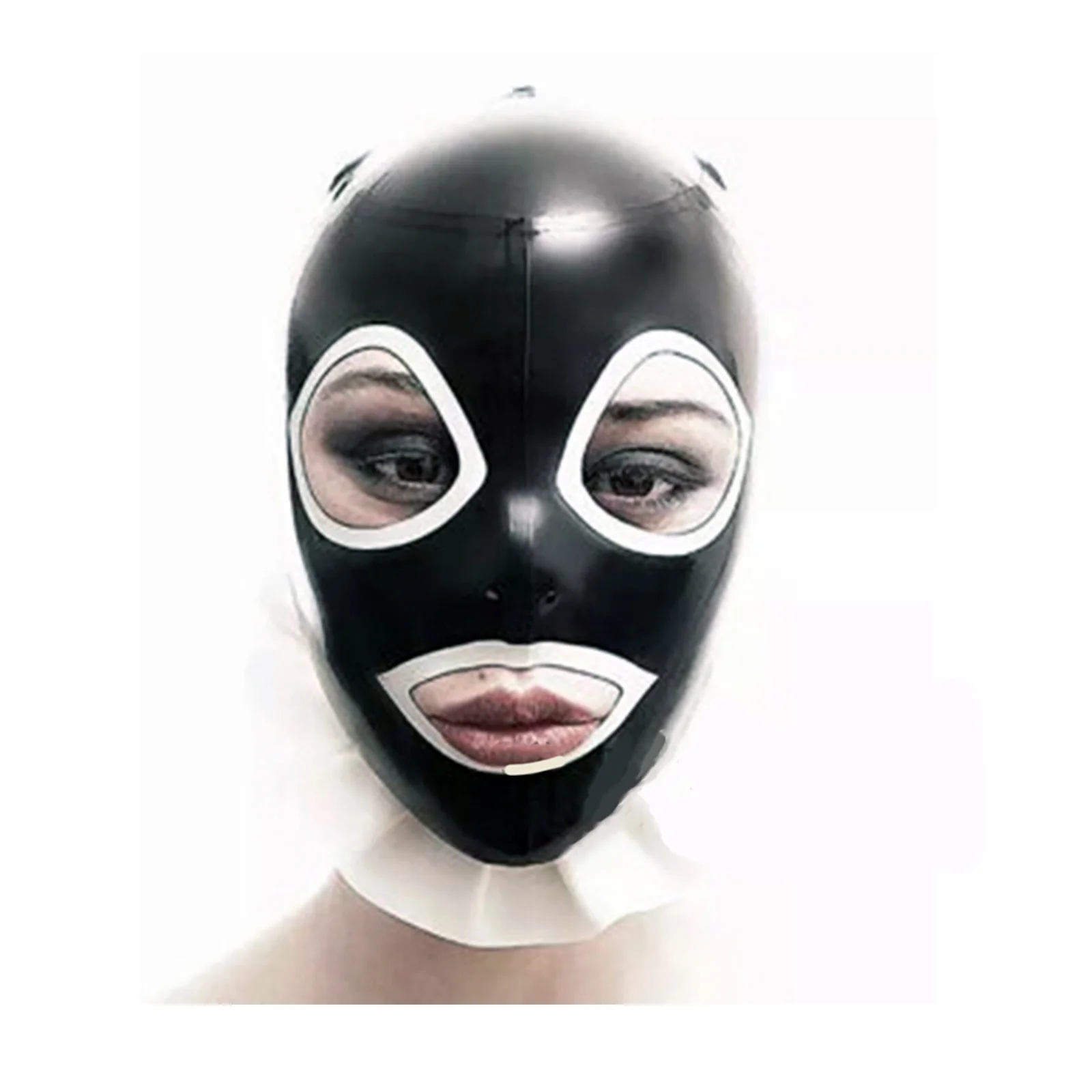 

MONNIK Latex Mask Unisex Rubber Hood Open Mouth&Eyes with White Fold Style Edge and Rear Zipper Handmade for Catsuit Cosplay
