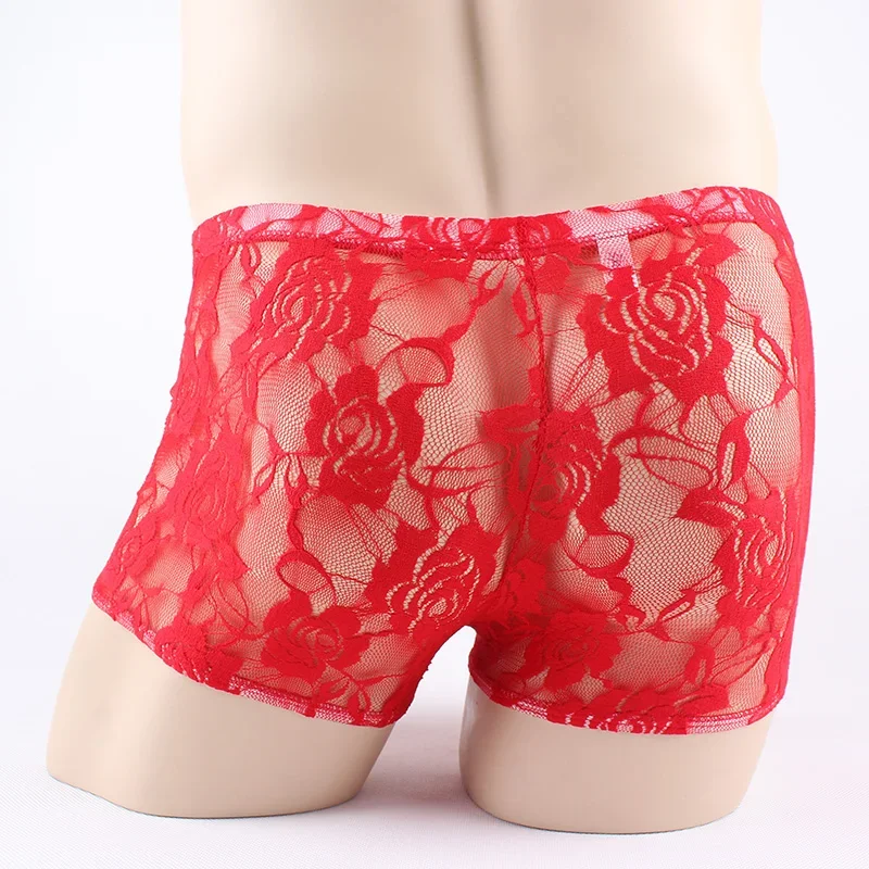 Lace transparent men's underwear red ultra-thin perspective shorts sexy U-convex breathable boxer pants