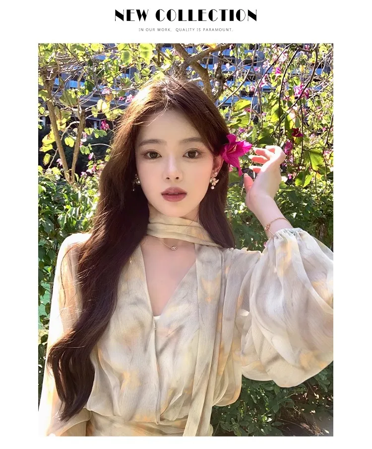 Elegant Chiffon Short Dresses for Women V-neck Lantern Sleeves Ruffles A-line Summer New Holiday Style Printed Vestidos Mujer