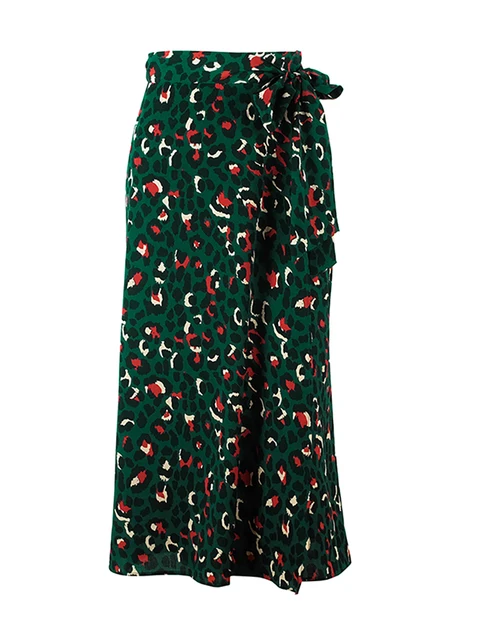 Vintage Leopard Print Long Skirts Women High Waist Midi Skirt Bow Tie Christmas Sexy Split Wrap Skirt Ladies Green Beach 1