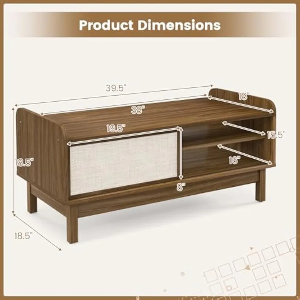 Coffee Table with Storage and Sliding Doors, Mid-Century Modern Coffee Table , Rattan Woven Door, Wooden Accent Center Tables 3