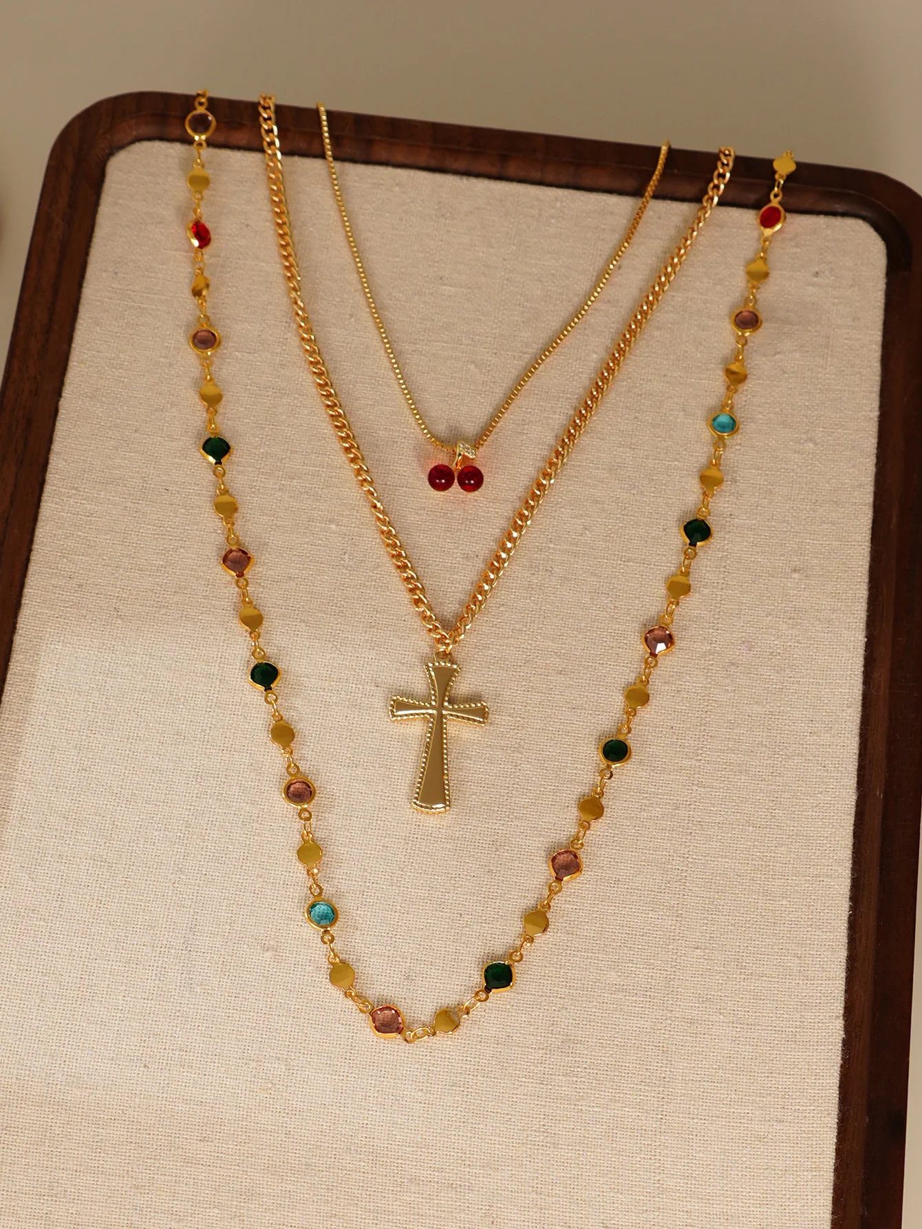 3pcs Minimalist Charm Cross Pendant Glass Chain Stacked Womens Necklace