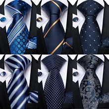New Classic 100% Silk Men's Ties 8cm Blue Plaid Dot Striped Business Necktie Handkerchief Wedding Party Tie Set Gravatas DiBanGu