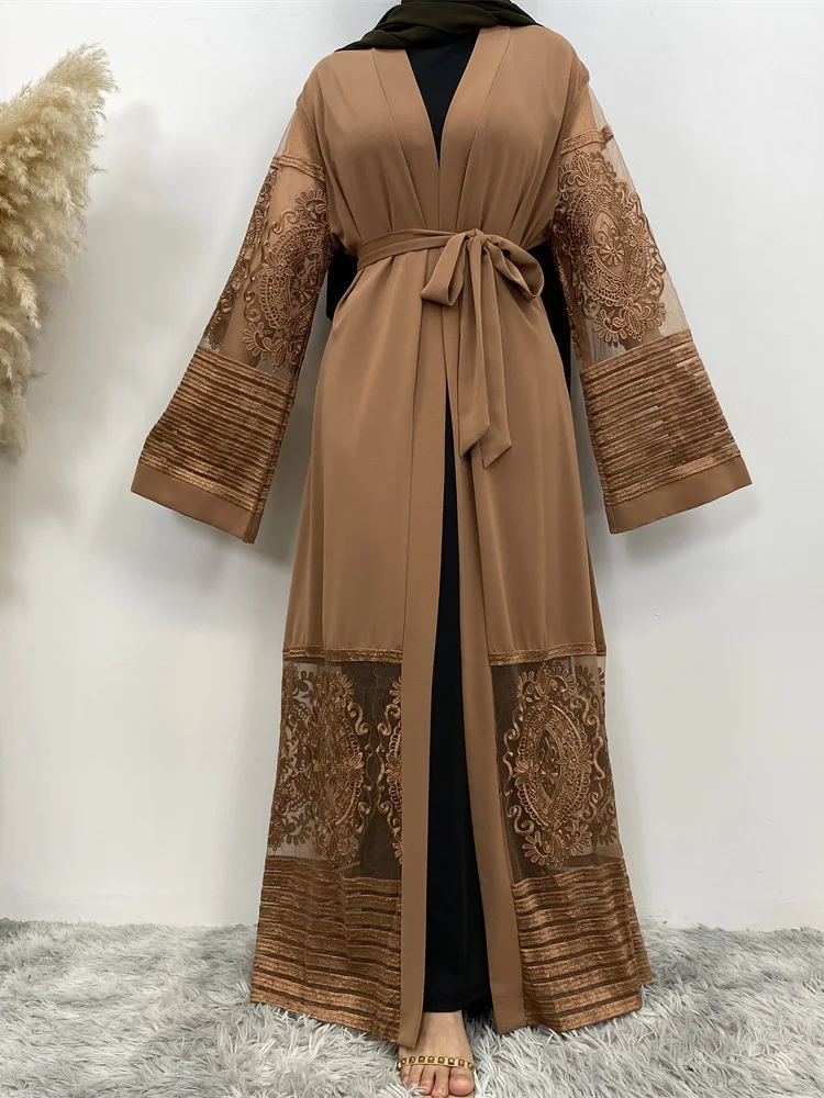 Eid 기모노 Mujer 아바야 여성 터키 이슬람 아랍어 무슬림 꽃 자수 가디건, 의류 로브 슈미즈 팜므