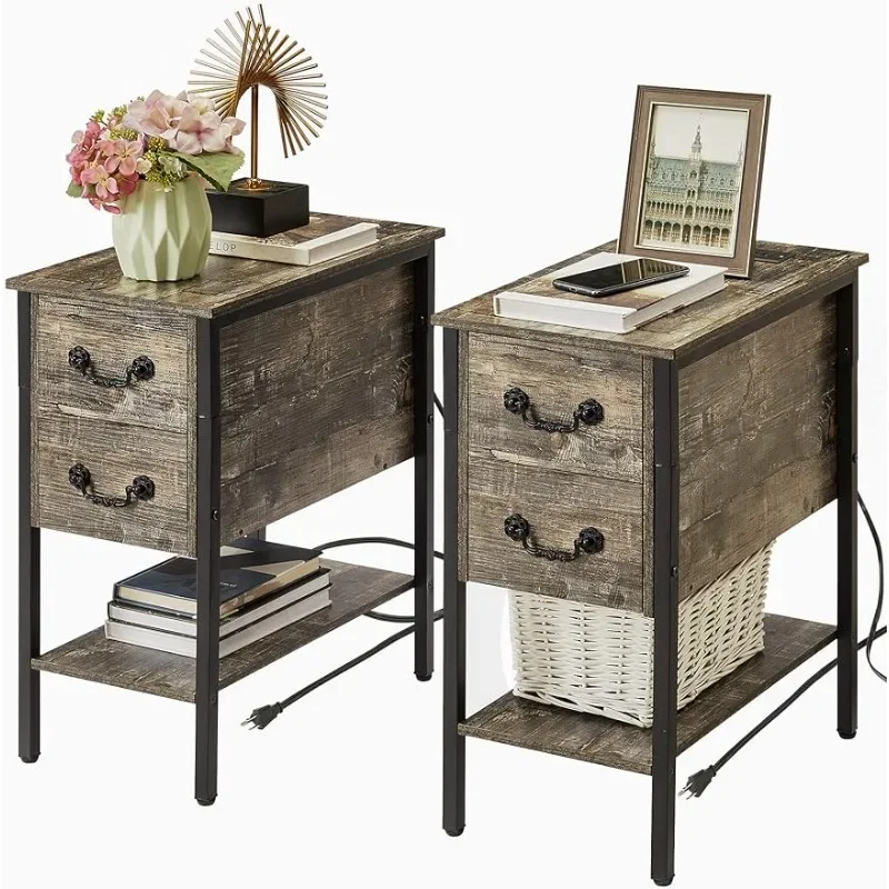 

Narrow Nightstands with Charging Station & USB Ports &Drawers,Night Stand for Living Room, Bedroom, with Outlets