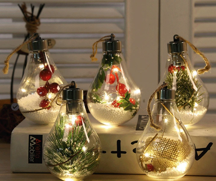 

New Christmas Decorations Simulation Light Bulb Christmas Tree Decoration Pendant Plastic Ball LED Transparent Christmas Ball