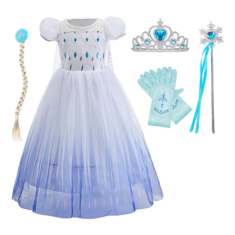 

Children Summer Costume Snow Queen Party Fancy Dress Up Little Girls Elsa Performance Long Sleeve Gown Christmas Tulle Vestidos