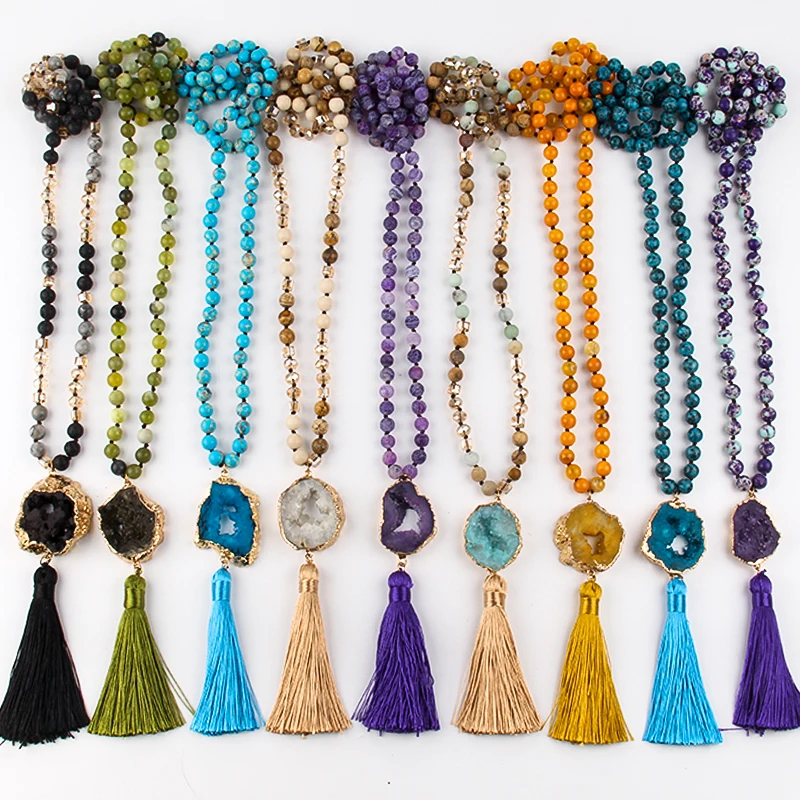 atado druzy ligações de pedra tassel colar de boho para as mulheres