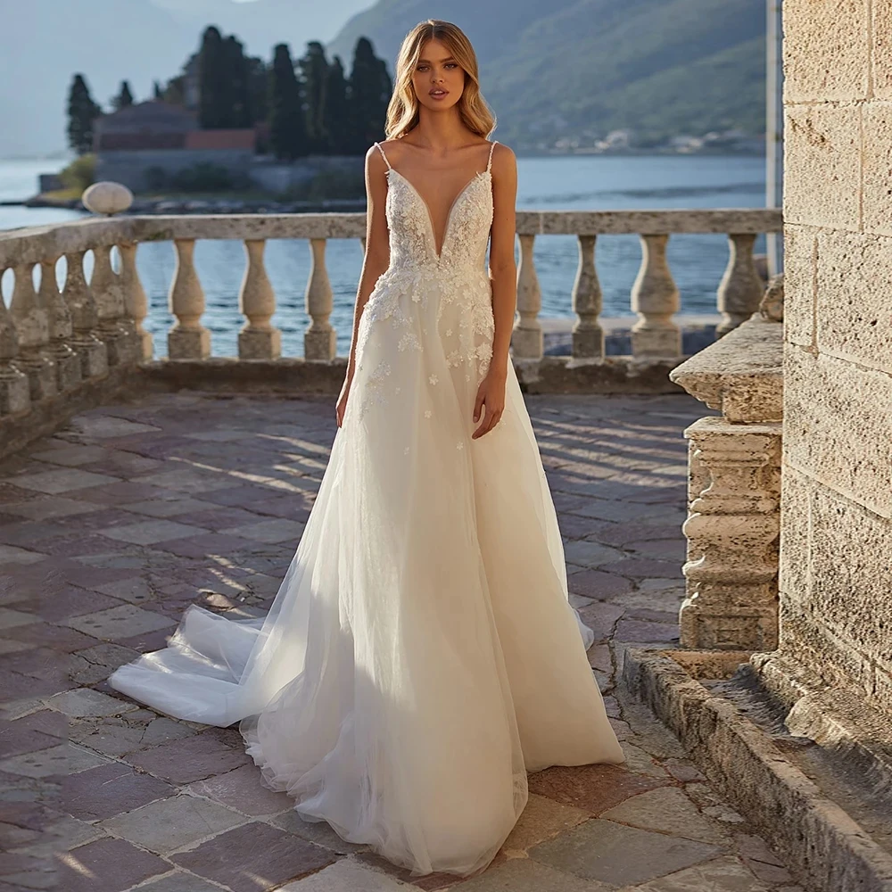 

Simple 2023 A-line Deep V-neck Off Shoulder And Off Back Wedding Dresses Sleeveless Spaghetti Straps Sexy Elegant Bridal Gowns