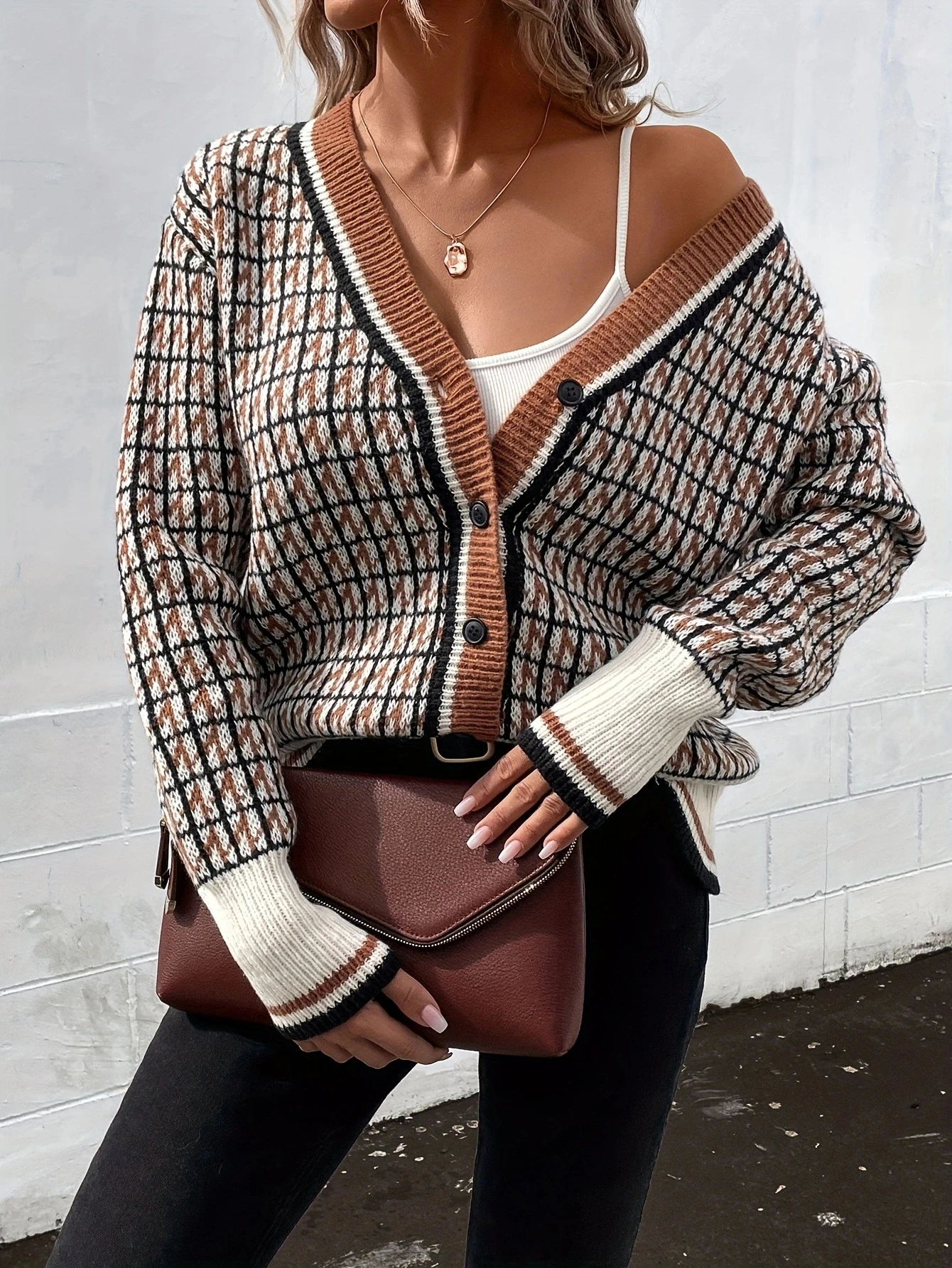 Button Up Cardigan Sweater for Women - Plaid Slim Fit Design