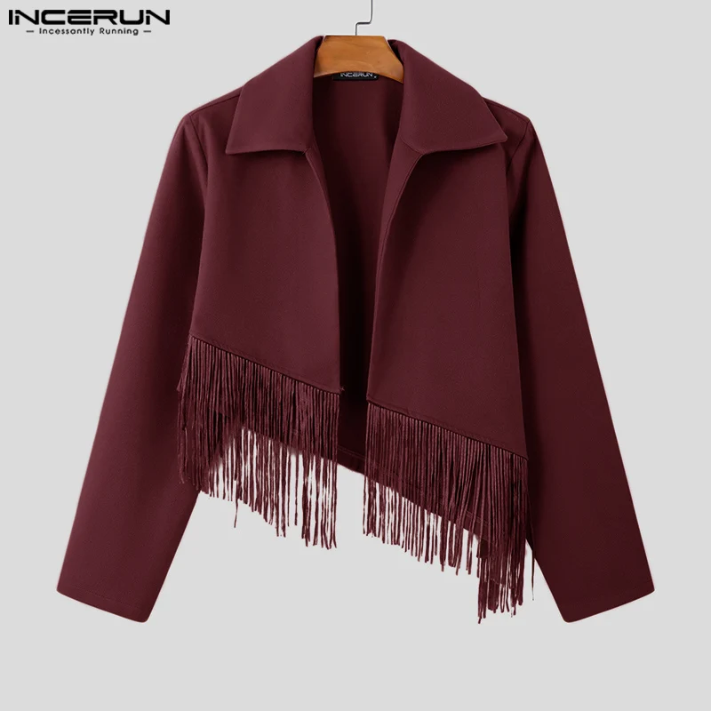 INCERUN Tops American Style Fashion Men's Diagonal Tassel Woolen Jackets Coat Casual Streetwear Male Solid Long Sleeved Jackets 4
