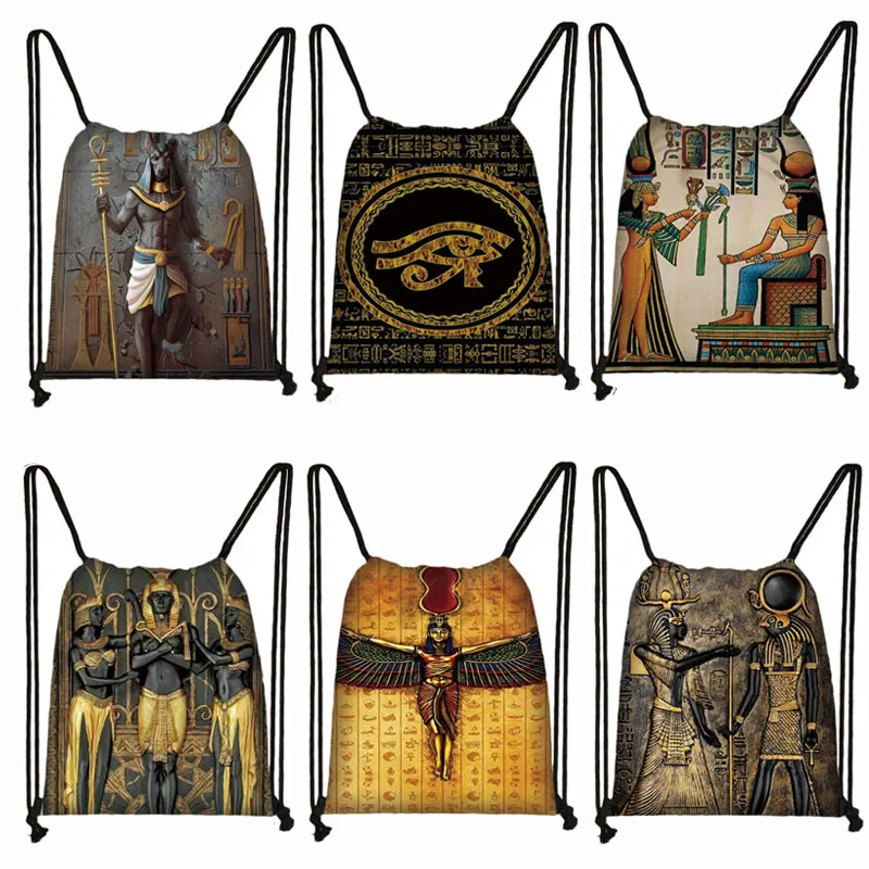 Egyptian Art Print Backpack Egypt Pharaoh Anubis Drawstring Bags For Travel Women Casual Shoulder Bags Bookbag Shoes Holder