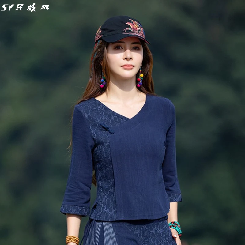 

Винтажная рубашка в китайском стиле с V-образным вырезом, Женский весенне-осенний топ в этническом стиле из хлопка и льна, Литературная рубашка в китайском стиле