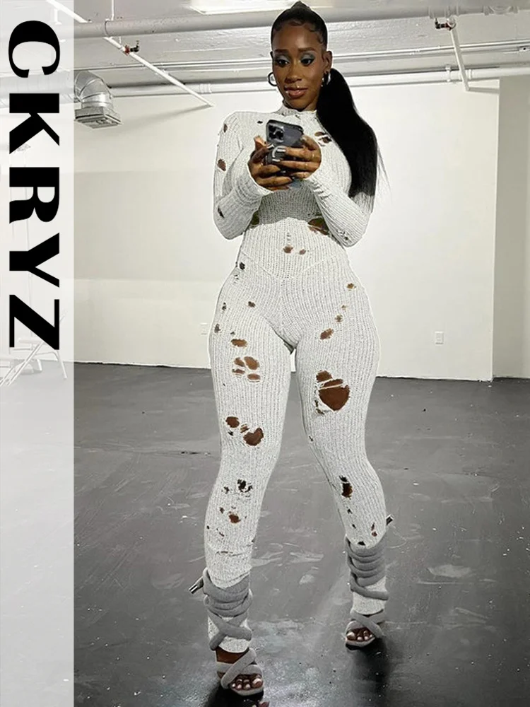 

Ladies Autumn Winter Knitted Long Sleeve Hollow Out Jumpsuit For Women New Fashion Night Club Streetwear Y2K Fall Outfits Romper