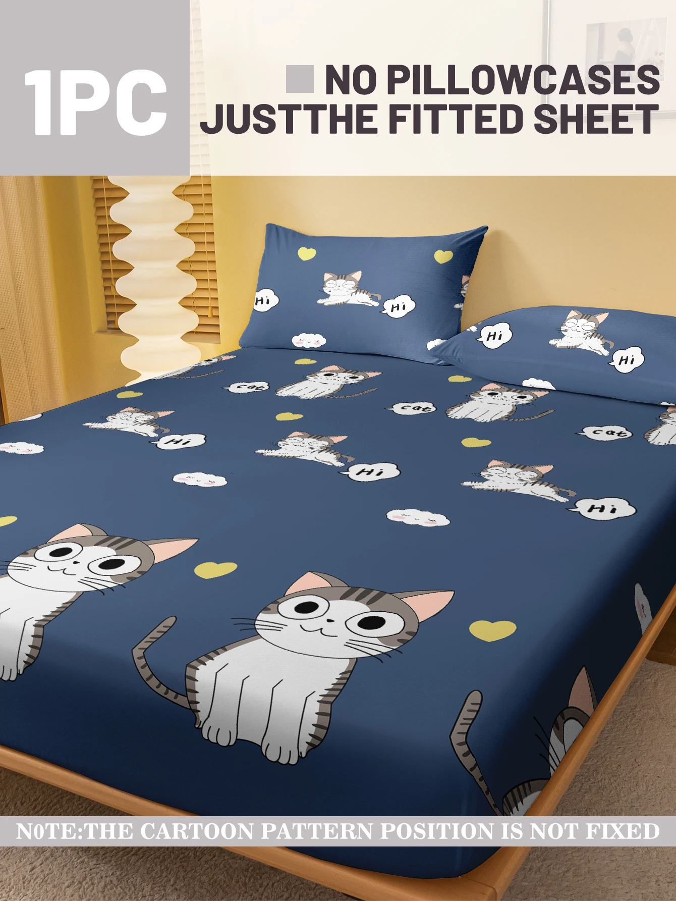 1 Cartoon Cute animal Cat Printed Matte Fitted Sheet, Bedroom Printed Bed Cover, Bedding (Excluding Pillowcases) 2