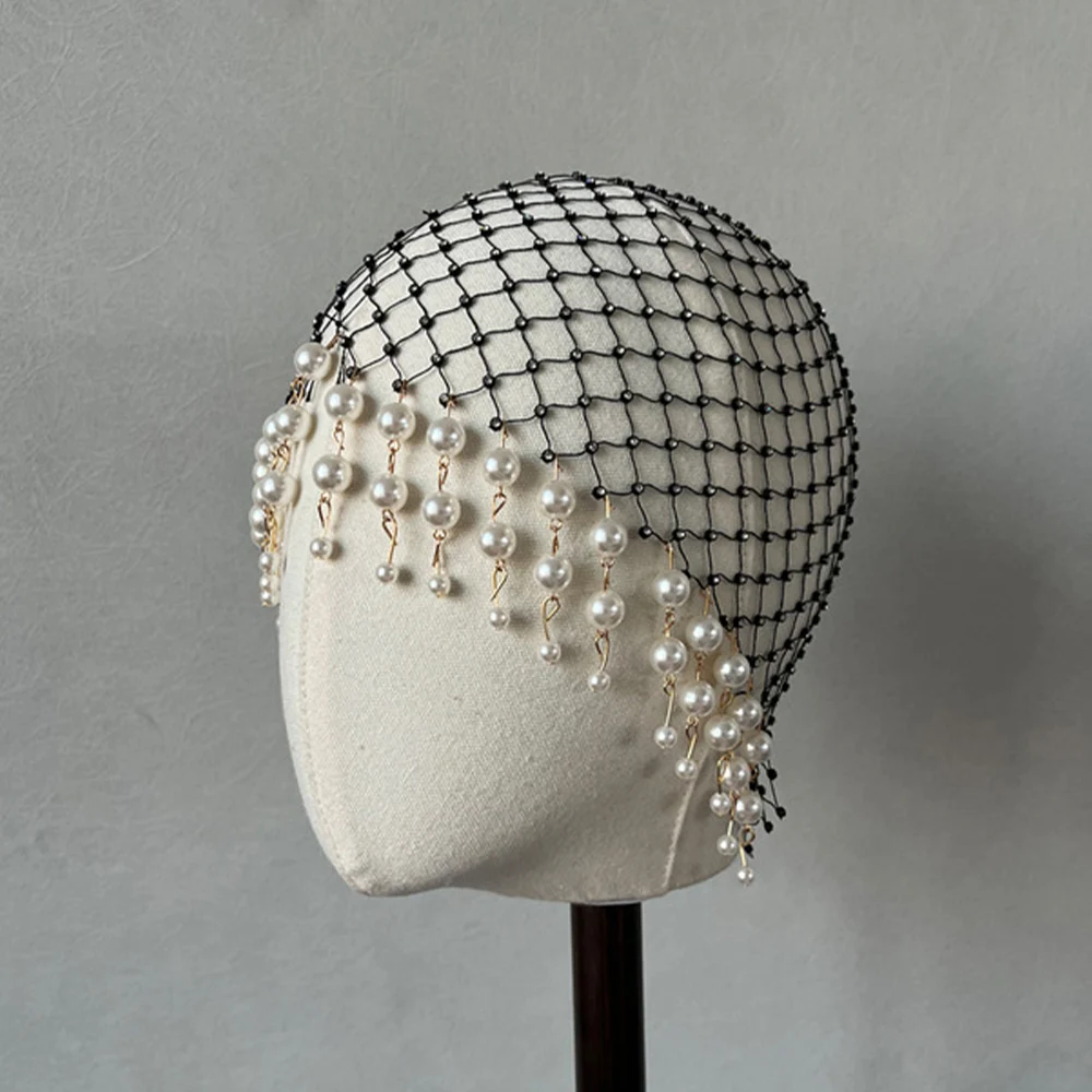 Stonefans Wedding Pearl Tassel Hair Accessories Wedding Hairband Handmade Hollowed Mesh Headpiece Head Chain Head Cap 2024 Gifts