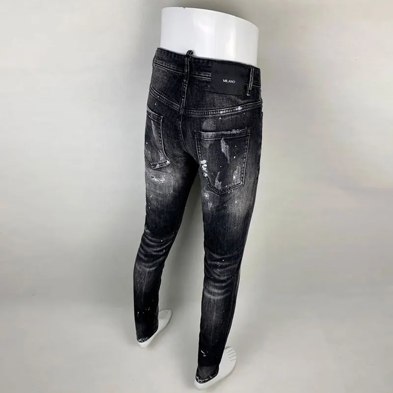 Street Fashion Men Jeans Retro Black Gray Stretch Slim Fit Patched Ripped Jeans Men Painted Designer Hip Hop Brand Pants Hombre