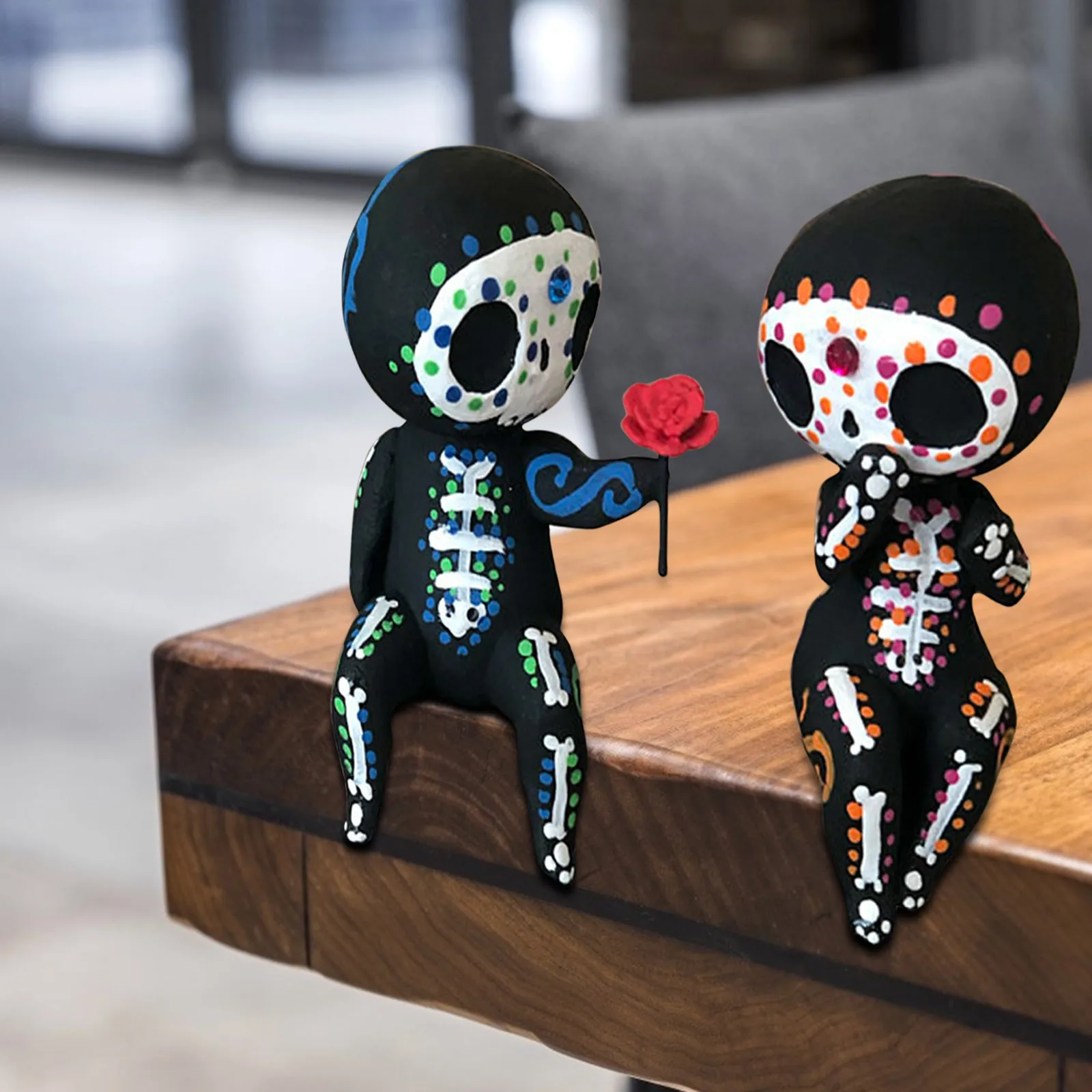 2pcs/set Lovers Couple Miniature Mini Doll Sugar Skull Couple Statue Cute Resin Crafts Home Decoration Accessories Ornaments