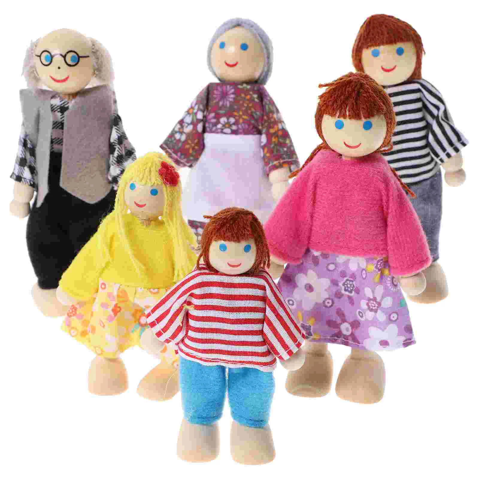 

Happy Family Dolls Playset: Wooden Figures Set of 6 People for Kids Children Pretend Gift 6pcs