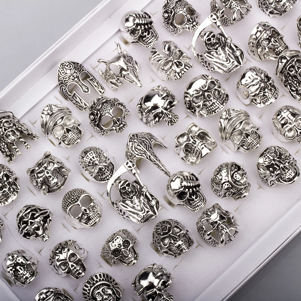 40 Pcs/Lot Gothic Punk Big Skull Rings for Women Men Skullies Biker Vintage Antique Silvery Charm Jewelry Accessories Wholesale