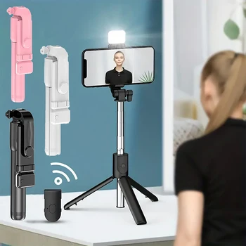 Portátil bluetooth selfie vara tripé titular com obturador remoto luz de preenchimento extensível remoto sem fio retrátil suporte do telefone 1