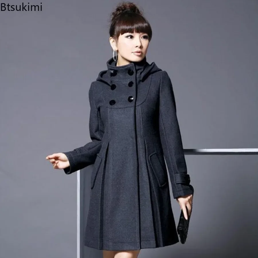 2024 Women's Thick Warm Blended Woolen Jacket Coat Autumn Winter Mid-length Hooded Cloak Shawl Coat Jacket Hooded Women Clothing