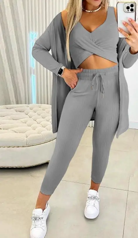 

Elegant 3Pcs Ribbed Criss Cross Crop Top & Drawstring Pants Set with Coat Three Piece Set Women Outfit 2023 Autumn New Fashion