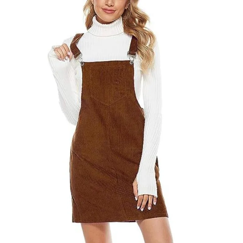 Women's Cute Corduroy Overall Bib Dress Pinafore Suspender Mini
