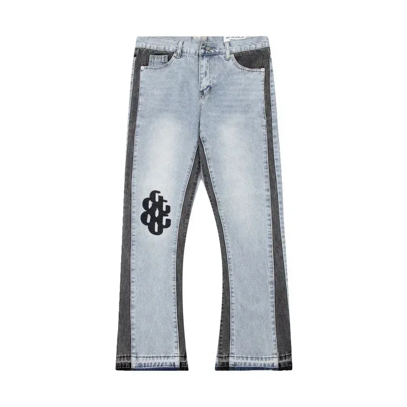 American retro washed letter spliced denim trousers high street trendy brand couple loose straight micro-flared long trousers 4