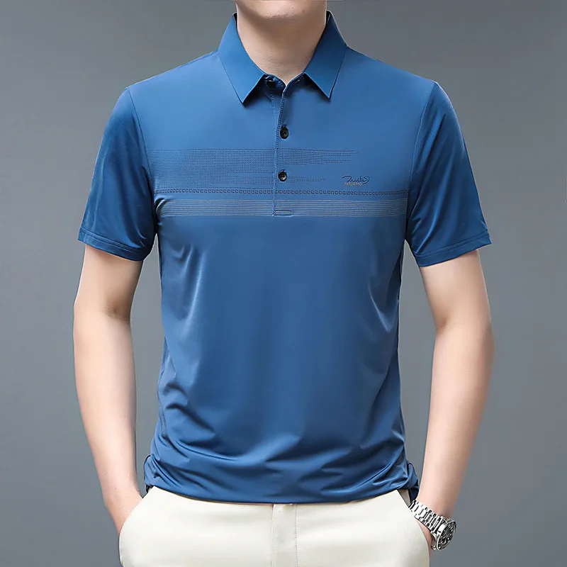 

2023 Summer New Men's Ice Silk Short Sleeve T-shirt Men's Lapel Loose Casual Business Polo Shirt