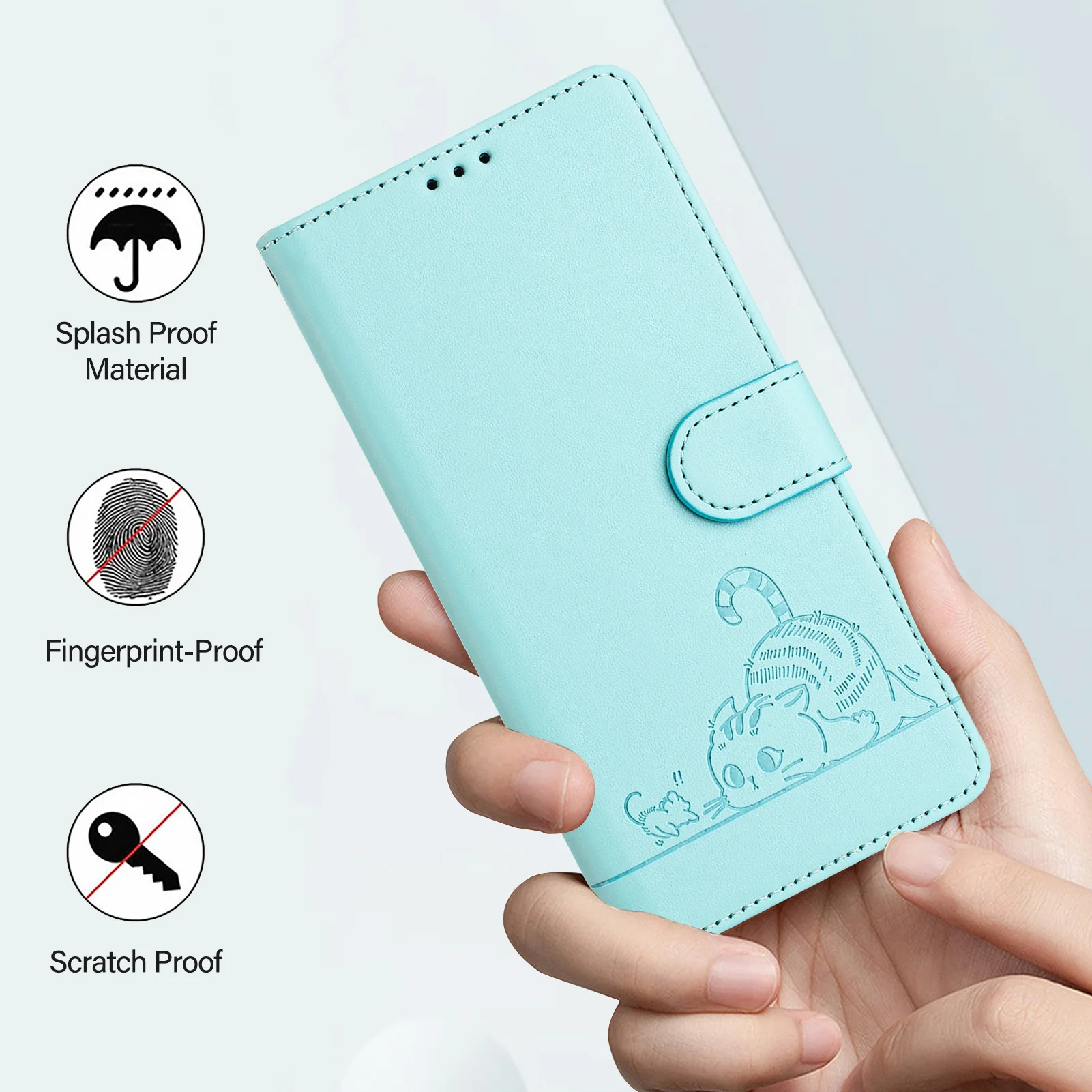 Cat Design Leather Phone Case Wallet with Wrist Strap and Flip Cover