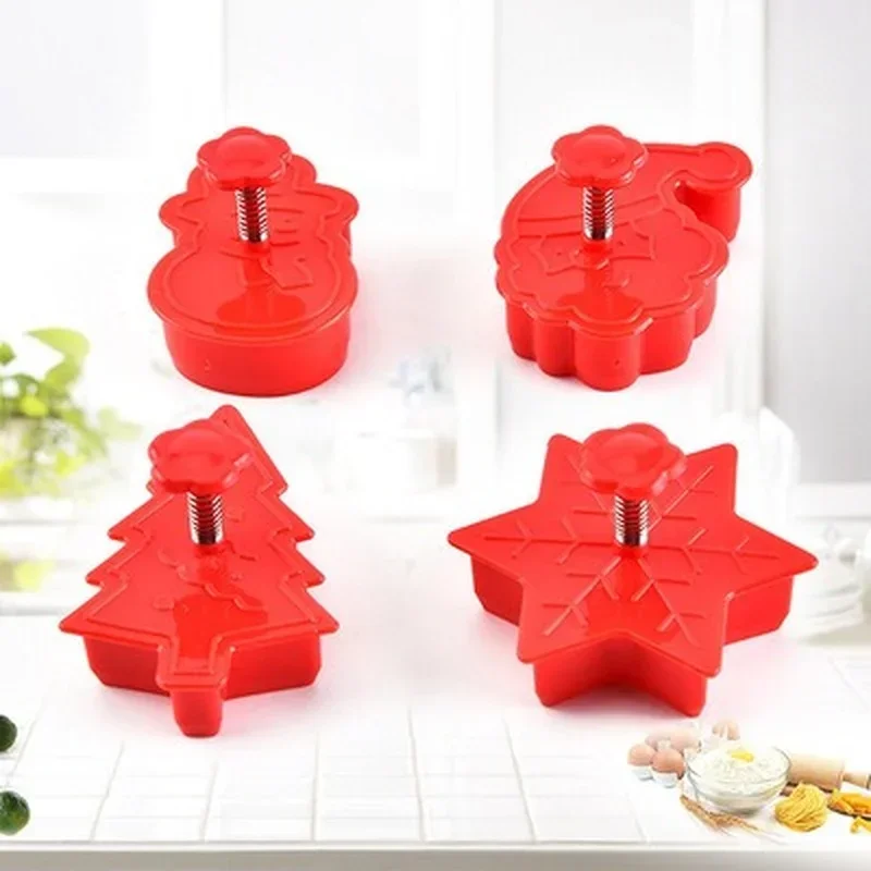 4pcs/set Christmas Cartoon Cookie Biscuit Mold 3d Cookie Plunger Cutter Diy Baking Mould Kitchen Tools