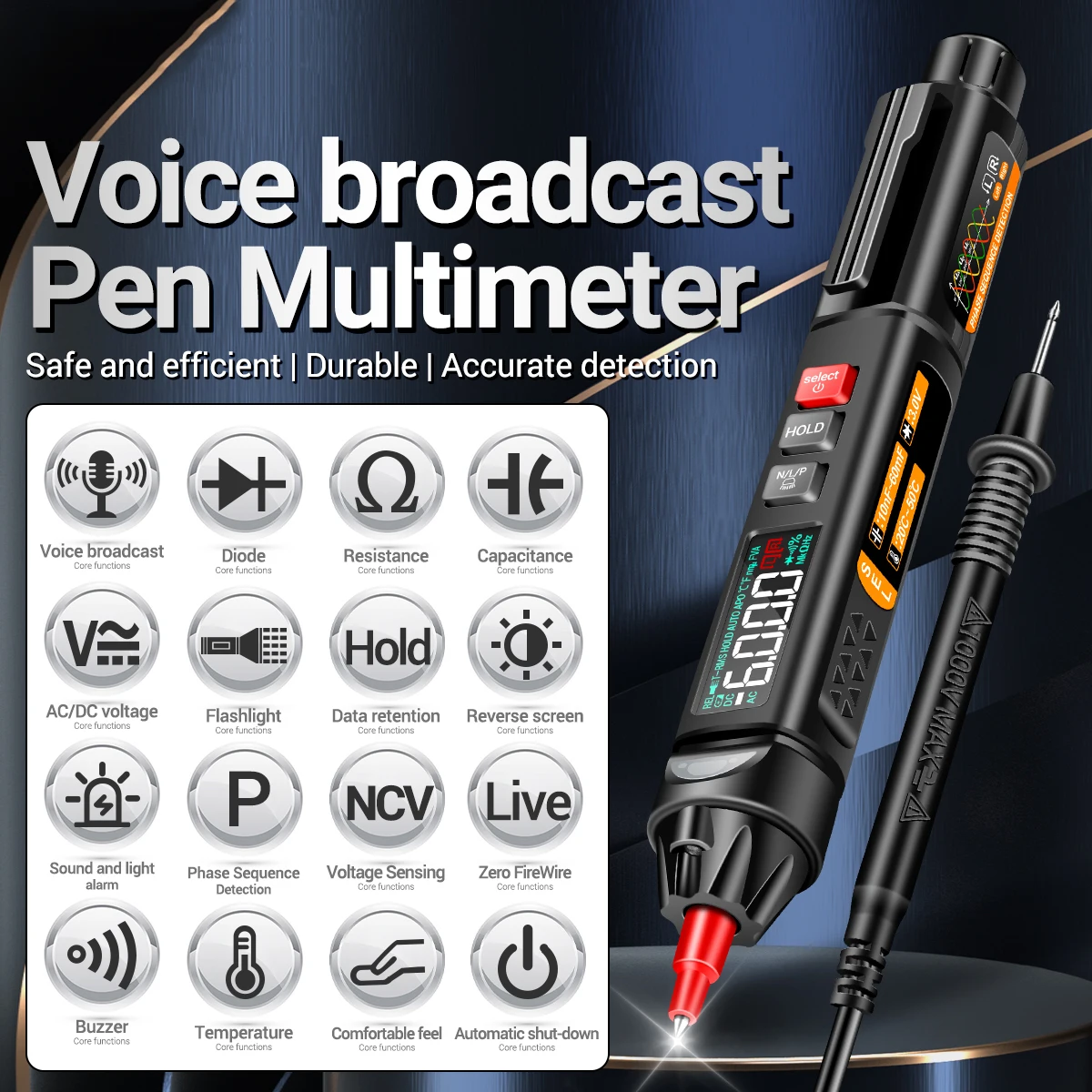 Mini Pen Multimeter with Voice Broadcast 6000 Counts Voltmeter VA Reverse LCD Display NCV Tester Voltage ANENG A3007 A3008 A3009 digital multimeter