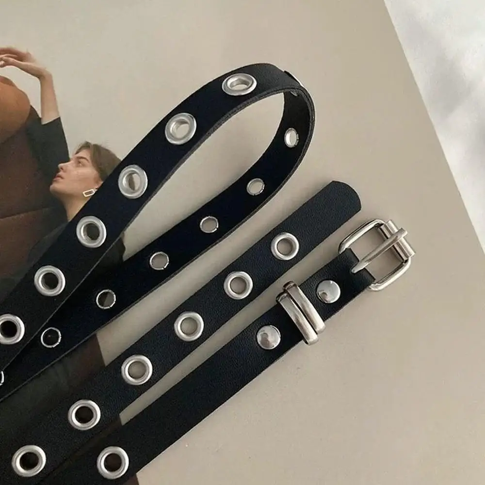 Y2K Punk Rivet Eyelet Leather Double Thin Belt Women PU Leather Black White Extra Long Thin Waist Strap Jeans Skirt Decoration