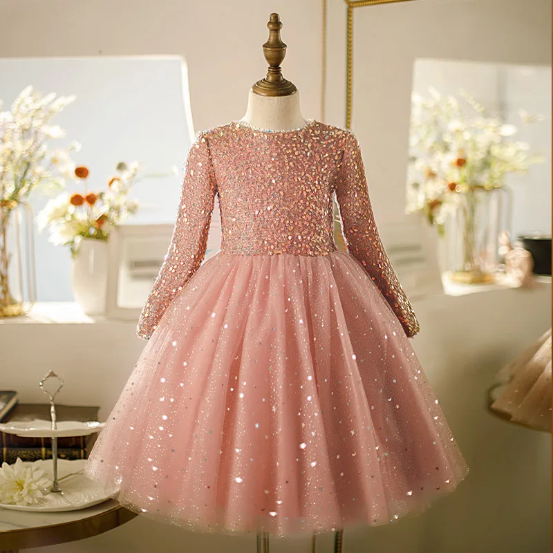 

Kids Pink Sequins Gown Flower Girl Wedding Princess Dress Bow Long Sleeve Birthday Evening Party Prom Tulle Fluffy Dresses