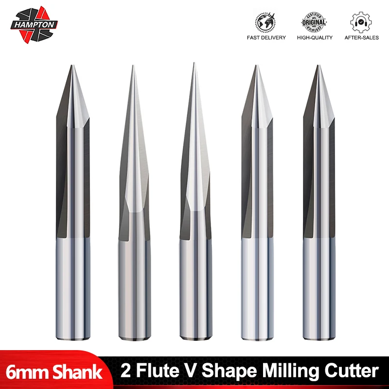 HAMPTON 0,3–1,0 mm V-förmiger Gravurbit, 15–30 Grad, 2 Nuten, gerader Fräser, 6 mm Schaft, CNC-Schnitzbit für Acryl-PVC