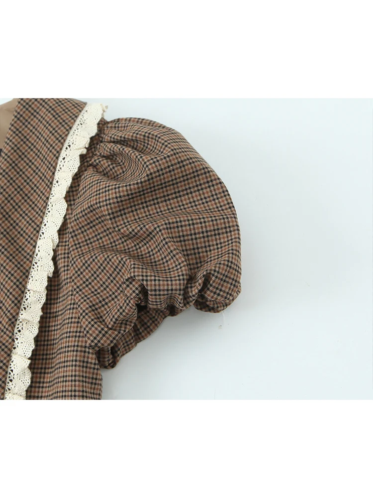 New Women's Puff Short Sleeve Mini Dress Chic Casual Peter Pan Collar Cute A Line Plaid Drees Elegant Lady Street Outfit