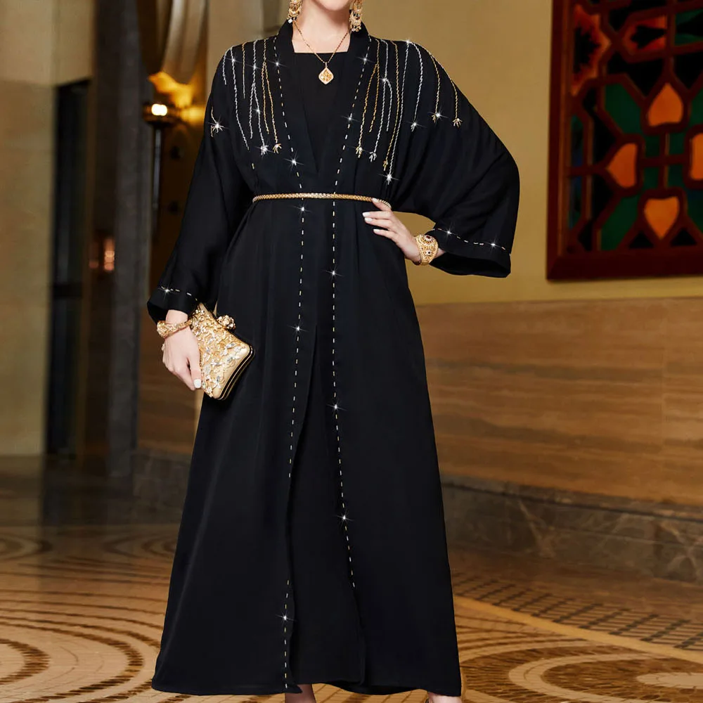 

Новинка 2023 года, цельные Открытые черные исламские Абайи, Роскошные платья Дубая, кафтан, женская одежда большого размера, бесплатная доставка