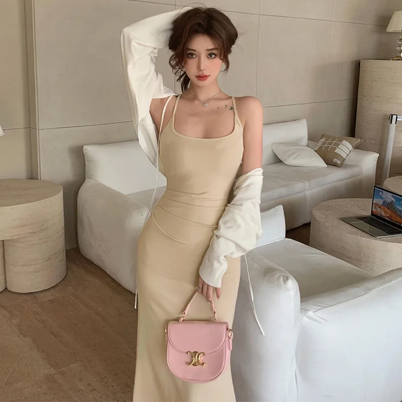 

Dress Sets 2023 Two Piece Sets Womens Outifits Slim Dresses Autumn Halter Pleated High Waist Fishtail Sexy Knitted Cardigans