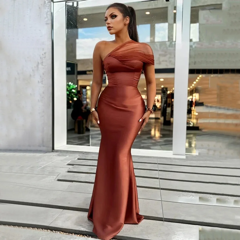 ROSEINETHEBOX Elegant One Shoulder Satin Mermaid Bridesmaid Dress Burnt Orange Long Women Wedding Formal Party Gown Customized
