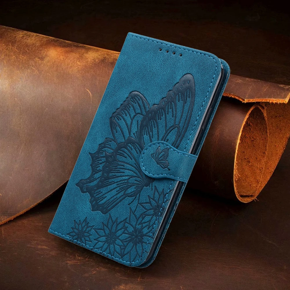 Butterfly Leather Flip Case with Card Holder and Hasp Wallet Features