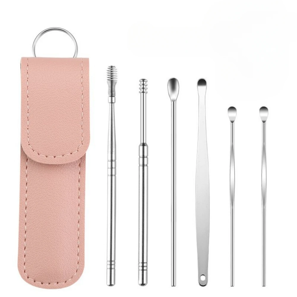 Stainless Steel Ear Digging Spoon Leather Cover 6pc Cleaner Scoop Double-Headed Spiral Cleaning Health Care Ear Picking Tool Set ear picking tools set