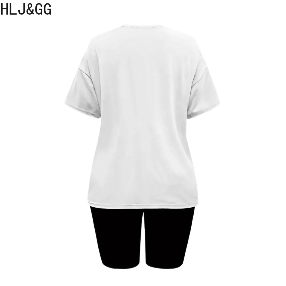 HLJ&GG White Fashion Trend Pattern Letter Printing Two Piece Sets Women Round Neck Short Sleeve Tshirt And Biker Shorts Outfits