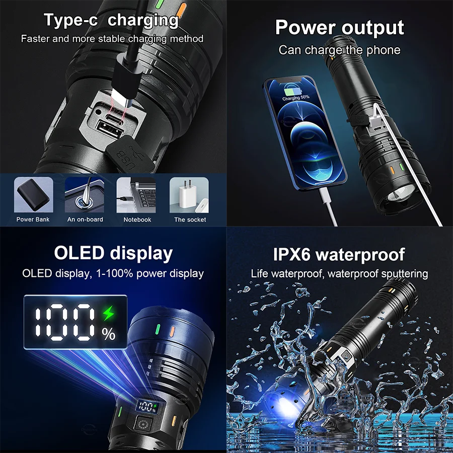 68000000LM 고출력 충전식 LED 플래시라이트 내장 3*18650 배터리 울트라 파워 플래시라이트 전술용 토치 캠핑 랜턴 2026 최신 고출력 LED 손전등 줌 기능 및 디지털 디스플레이 랜턴 USB