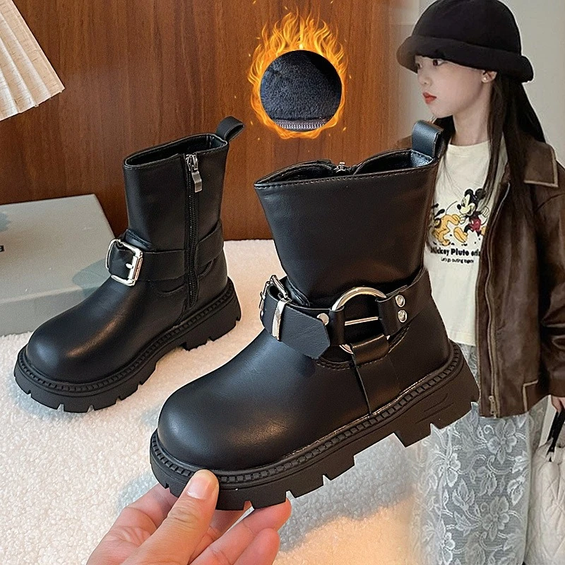 Children Leather Boots Suede Warm Kids Fashion Boots Korean Style Versatile 2025 Autumn Winter Girls Princess Boots Round Toes