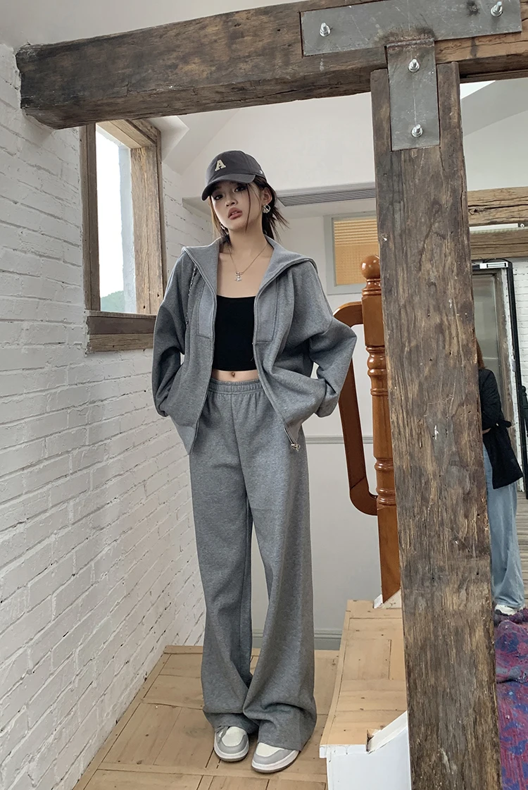 Y2K Casual Two-piece Set Solid Tracksuit Stand Collar Long Sleeve Zip-up Sweatshirt Long Pants Korean Fashion Autumn New Outfits