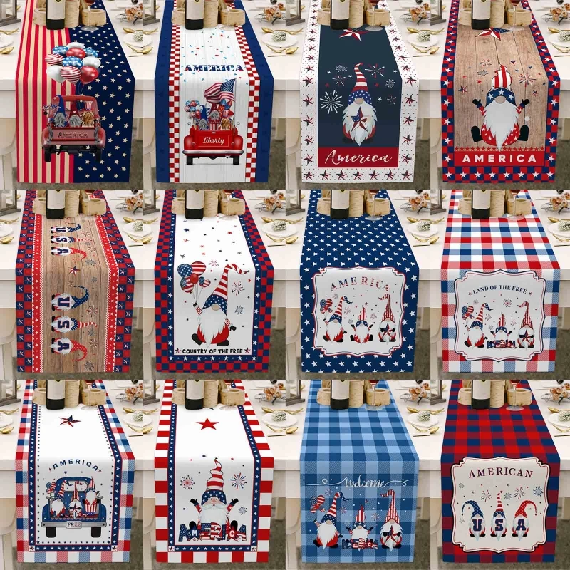 

July 4th Independence Day Table Runner Cotton Linen Gnome Tablecloth for Dinning Table Decoration USA Patriotic Memorial Day